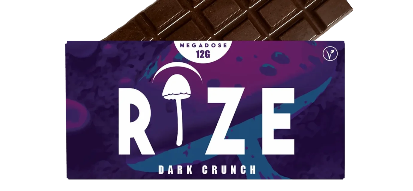 Rize Dark Crunch mushroom chocolate bar with purple megadose 12g packaging and vegan symbol