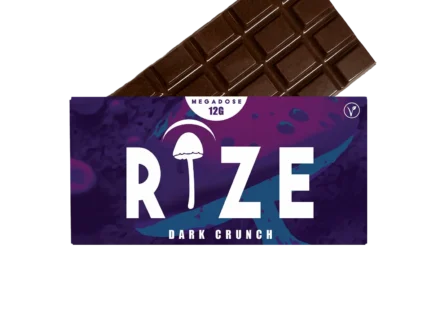 Rize Dark Crunch mushroom chocolate bar with purple megadose 12g packaging and vegan symbol