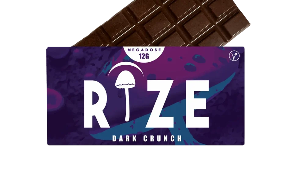 Rize Dark Crunch mushroom chocolate bar with purple megadose 12g packaging and vegan symbol