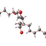 3D ball-and-stick molecular model with gray carbon atoms, red oxygen atoms, and white hydrogen atoms on white background.