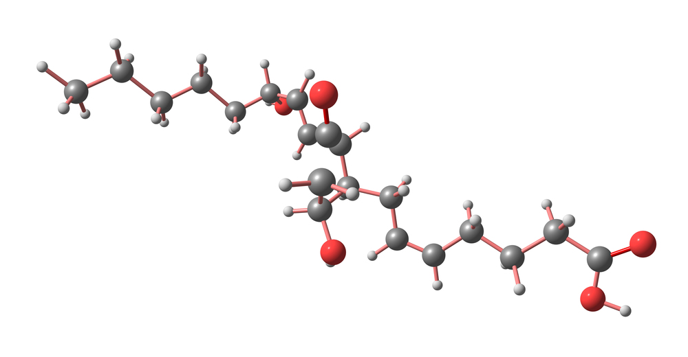 3D ball-and-stick molecular model with gray carbon atoms, red oxygen atoms, and white hydrogen atoms on white background.