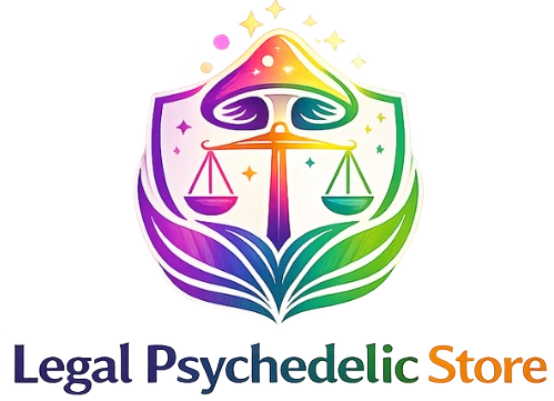 Colorful Legal Psychedelic Store logo featuring a mushroom, scales of justice, and rainbow gradient shield with green leaves.